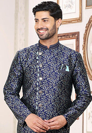 Woven Art Silk Jacquard Sherwani in Navy Blue