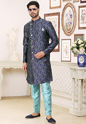 Woven Art Silk Jacquard Sherwani in Navy Blue