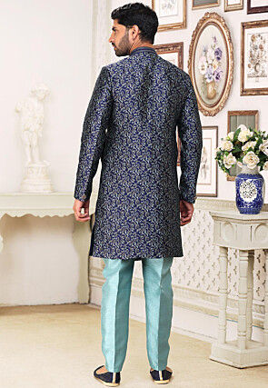 Woven Art Silk Jacquard Sherwani in Navy Blue