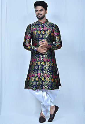 Woven Art Silk Jacquard Dhoti Kurta in Navy Blue