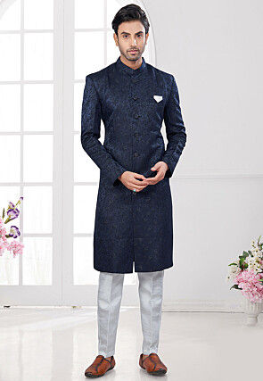 Woven Art SIlk Jacquard Sherwani in Navy Blue