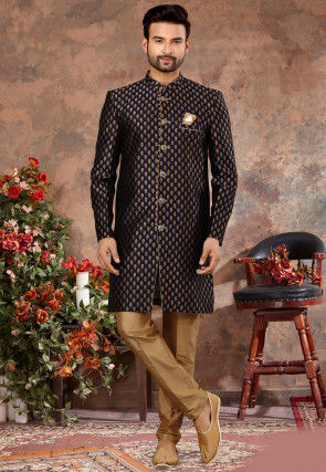 Woven Art Silk Jacquard Sherwani in Navy Blue