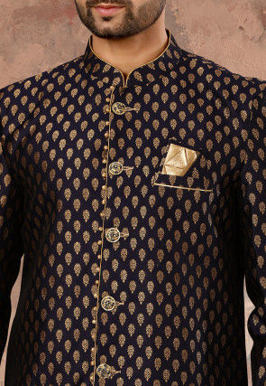 Woven Art Silk Jacquard Sherwani in Navy Blue