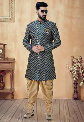 Woven Art Silk Jacquard Sherwani in Navy Blue