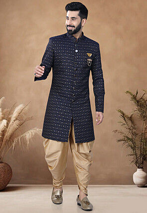 Woven Art Silk Jacquard Sherwani in Navy Blue