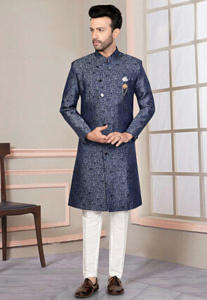 Woven Art Silk Jacquard Sherwani in Navy Blue