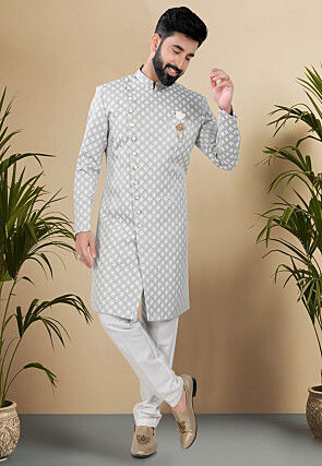 Woven Art Silk Jacquard Sherwani in Off White and Grey