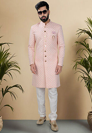 Woven Art Silk Jacquard Sherwani in Off White and Pink