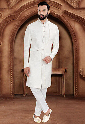 Woven Art Silk Jacquard Sherwani in Off White