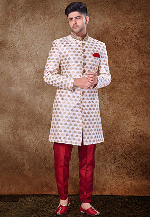 Woven Art Silk Jacquard Sherwani in Off White