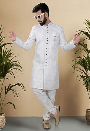 Woven Art Silk Jacquard Sherwani in Off White