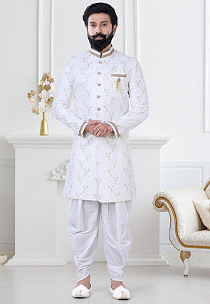 Woven Art Silk Jacquard Sherwani in Off White
