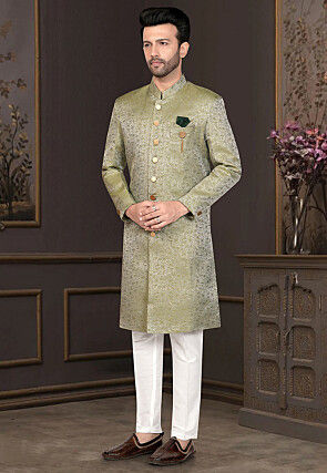 Woven Art Silk Jacquard Sherwani in Olive Green