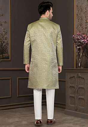 Woven Art Silk Jacquard Sherwani in Olive Green
