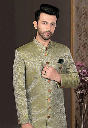 Woven Art Silk Jacquard Sherwani in Olive Green