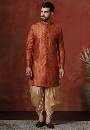 Woven Art Silk Jacquard Sherwani in Orange