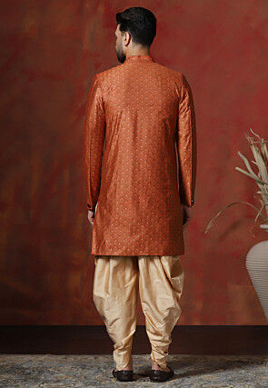 Woven Art Silk Jacquard Sherwani in Orange