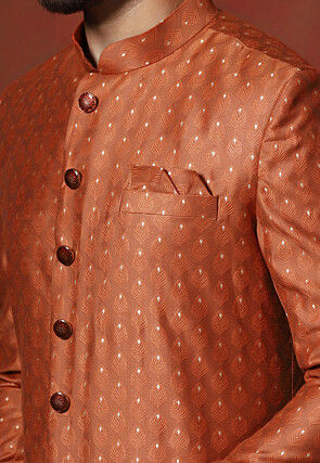 Woven Art Silk Jacquard Sherwani in Orange