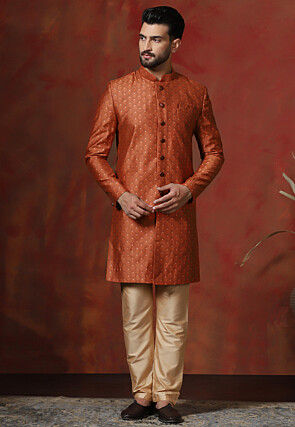 Woven Art Silk Jacquard Sherwani in Orange