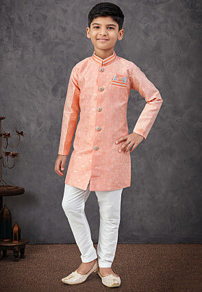 Woven Art Silk Jacquard Sherwani in Orange
