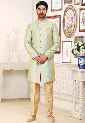 Woven Art Silk Jacquard Sherwani in Pastel Green