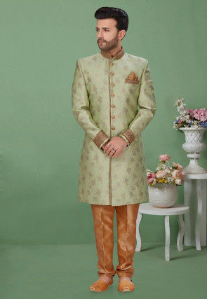 Woven Art Silk Jacquard Sherwani in Pastel Green