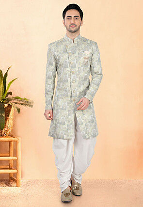 Woven Art Silk Jacquard Sherwani in Pastel Green