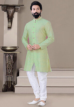 Woven Art Silk Jacquard Sherwani in Pastel Green