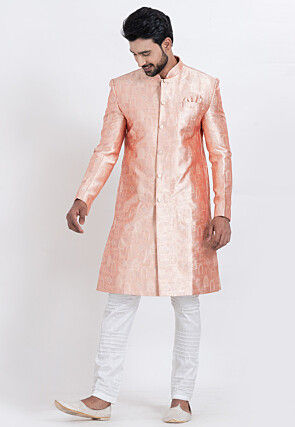 Woven Art Silk Jacquard Sherwani in Peach