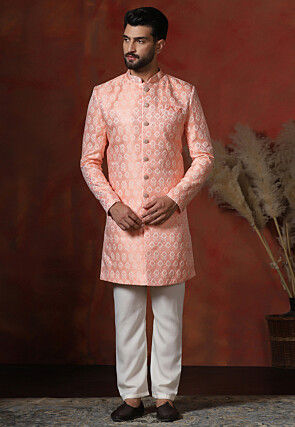 Woven Art Silk Jacquard Sherwani in Peach