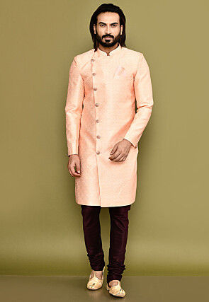 Woven Art Silk Jacquard Sherwani in Peach