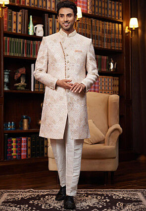 Woven Art Silk Jacquard Sherwani in Peach