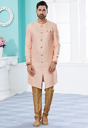 Woven Art Silk Jacquard Sherwani in Peach