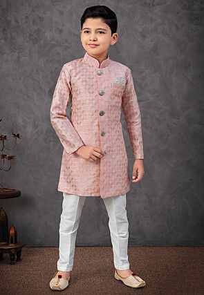 Woven Art Silk Jacquard Sherwani in Peach