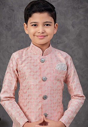 Woven Art Silk Jacquard Sherwani in Peach