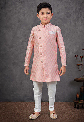 Woven Art Silk Jacquard Sherwani in Peach