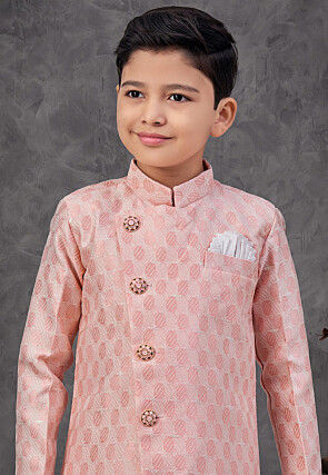 Woven Art Silk Jacquard Sherwani in Peach