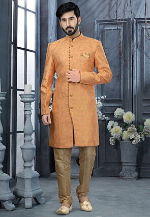 Woven Art Silk Jacquard Sherwani in Peach