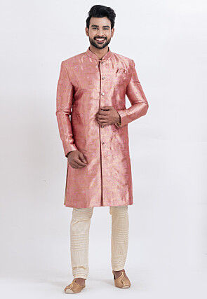 Woven Art Silk Jacquard Sherwani in Pink