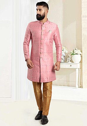 Woven Art Silk Jacquard Sherwani in Pink