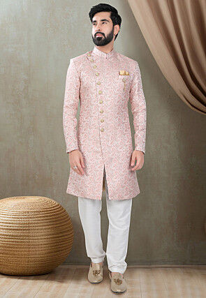 Woven Art Silk Jacquard Sherwani in Pink