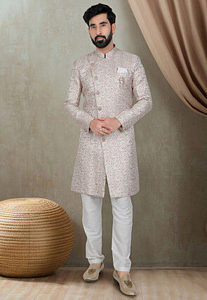 Woven Art Silk Jacquard Sherwani in Pink