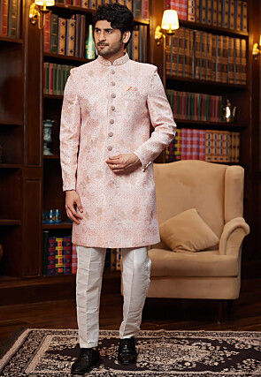 Woven Art Silk Jacquard Sherwani in Pink