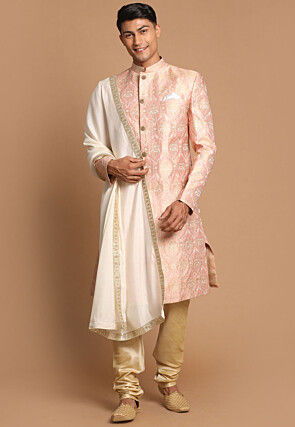 Woven Art Silk Jacquard Sherwani in Pink