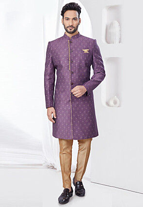 Woven Art Silk Jacquard Sherwani in Purple