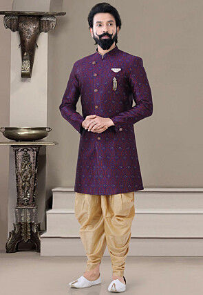 Woven Art Silk Jacquard Sherwani in Purple