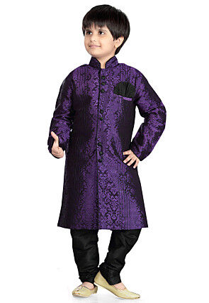 Woven Art Silk Jacquard Sherwani in Purple