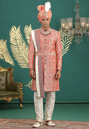 Woven Art Silk Jacquard Sherwani in Red