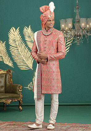 Woven Art Silk Jacquard Sherwani in Red