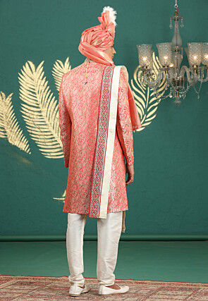 Woven Art Silk Jacquard Sherwani in Red